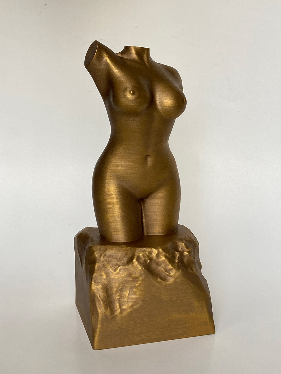 3D Printed Female Torso Sculpture, Bronze Imitation.